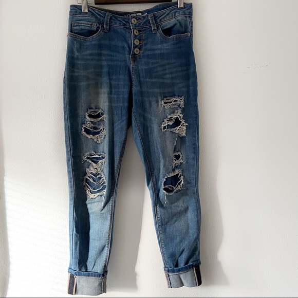 Cropped Skinny Distressed Jeans Size 7 Cotton Blend Multi Button - Picture 7 of 15